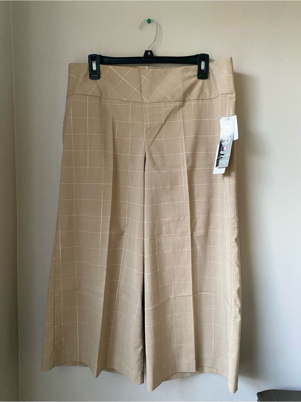Y2K Tailored Cropped Trousers | Star City Beige Plaid Wide-Leg Boho Gauchos Pant